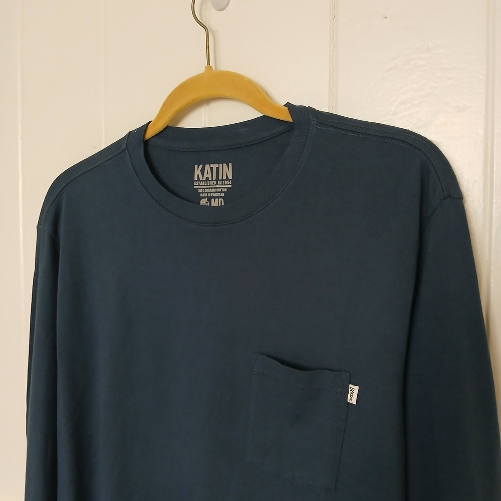 Katin Shirt Henley Long Sleeve Top Men's Medium Organic Cotton Blue Surf Outdoor - Picture 9 of 13
